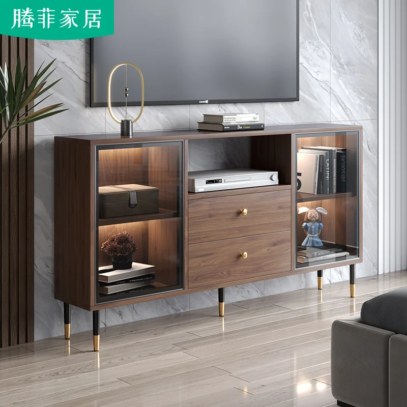 

Ultra thin bedroom TV cabinet, high-end, simple, modern small unit living room TV cabinet, floor to ceiling new walnut color