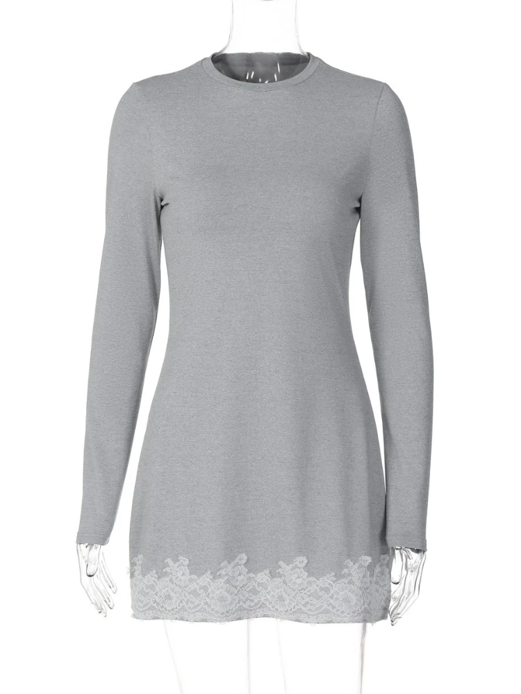 2025 Autumn Lace Patchwork T-shirt Dresses Women Chic Sexy O-neck Long Sleeve Gray Dress Streetwear Y2K Girls Party Club Outfit