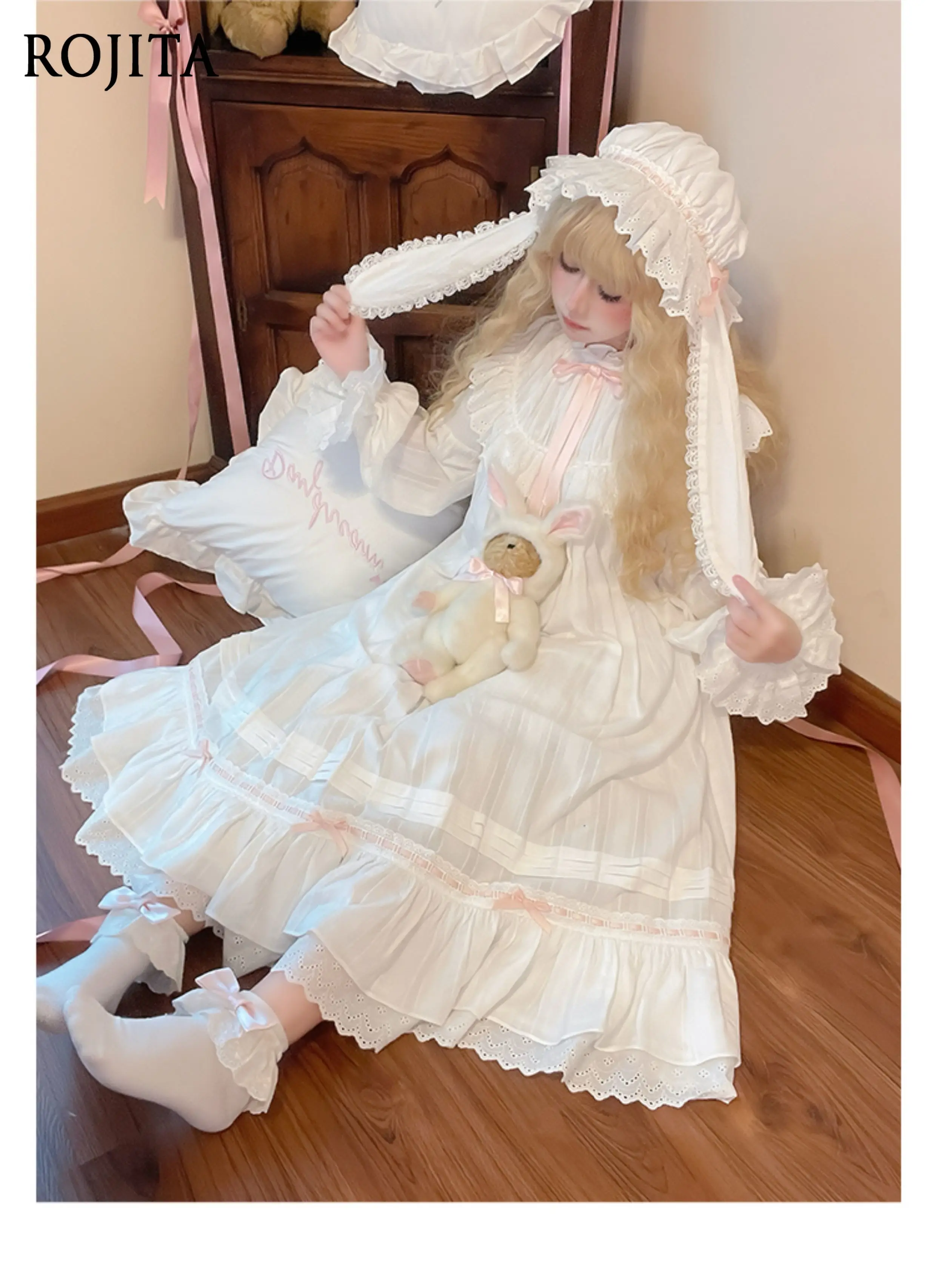 

Lop-Eared Rabbit Dream Mirror Long Nightdress with Ruffles, Bow Collar, Flared Long Sleeves, Puff Short Sleeve Nightwear Set
