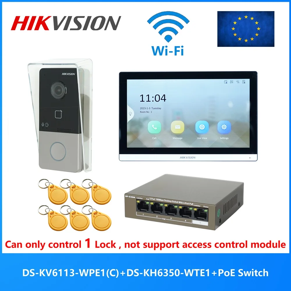 HIKVISION Multi-language 802.3af POE Video intercom KIT,include DS-KV6113-WPE1(C) & DS-KH6350-WTE1 & PoE Switch