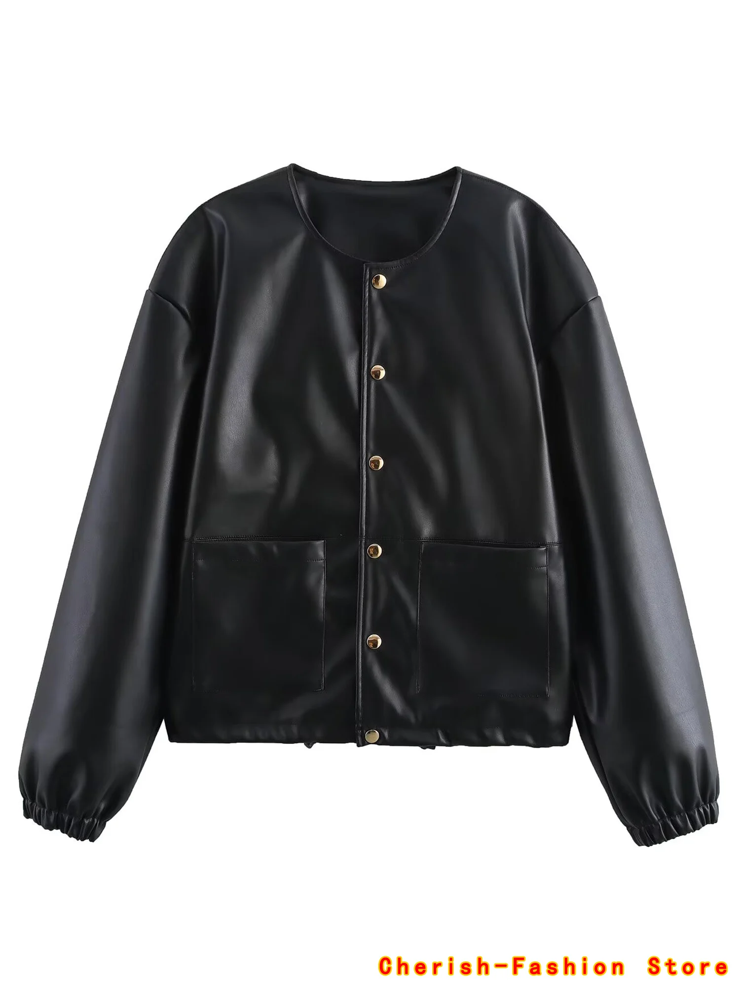2025 Women Fashion Round Neck Leather Coat Retro Lady Long Sleeves Faux Leather Outwear Spring Female Leisure PU Leather Jacket