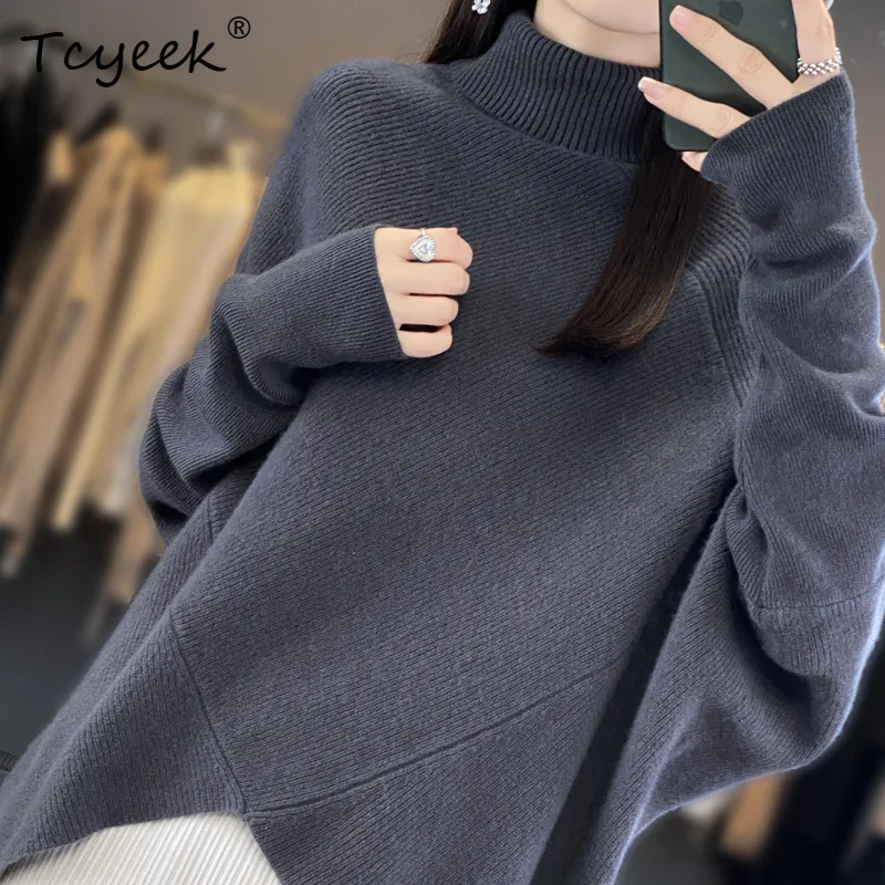 Tcyeek,100% เสื้อขนสัตว์,ผู้หญิงครึ่งคอแขนค้างคาวด้านนอกฐานPullover,2024 ฤดูใบไม้ร่วงและฤดูหนาวใหม่T48002KE