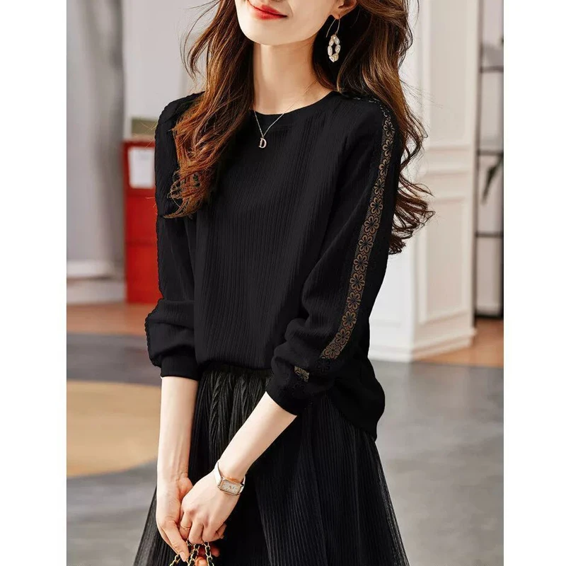 Women Stylish Hollow Out Lace Patchwork Black White Elegant T-shirt Casual O Neck Long Sleeve Loose Pullover Tops Ropa De Mujer