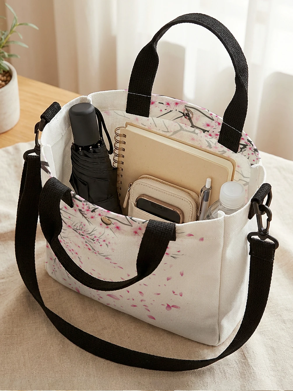 Watercolor Pink Cherry Blossom Canvas Tote Bag Detachable Strap Crossbody Handbag For Women Daily Shopping