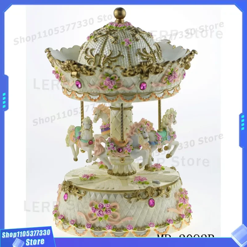 Rotating Carousel Music Box Resin Craft Up Down Lift Mechanism Decorative Ornament Unique Birthday Gift for Friends Home Desk