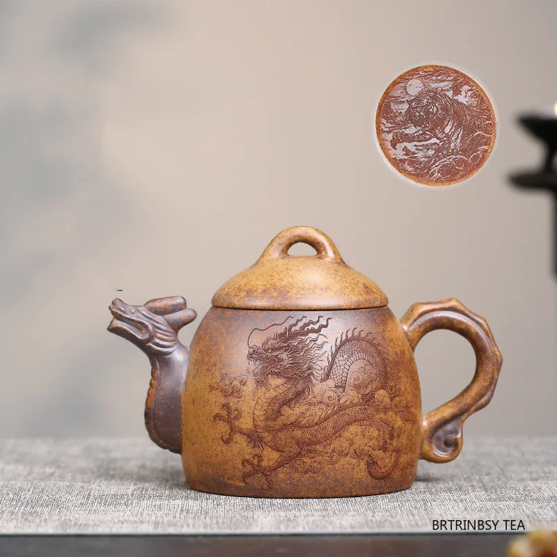 

Chinese Yixing Purple Clay Teapots Household Large Capacity Kettle Handmade Dragon Tiger Pattern Tea Pot Zisha Tea Set 300ml