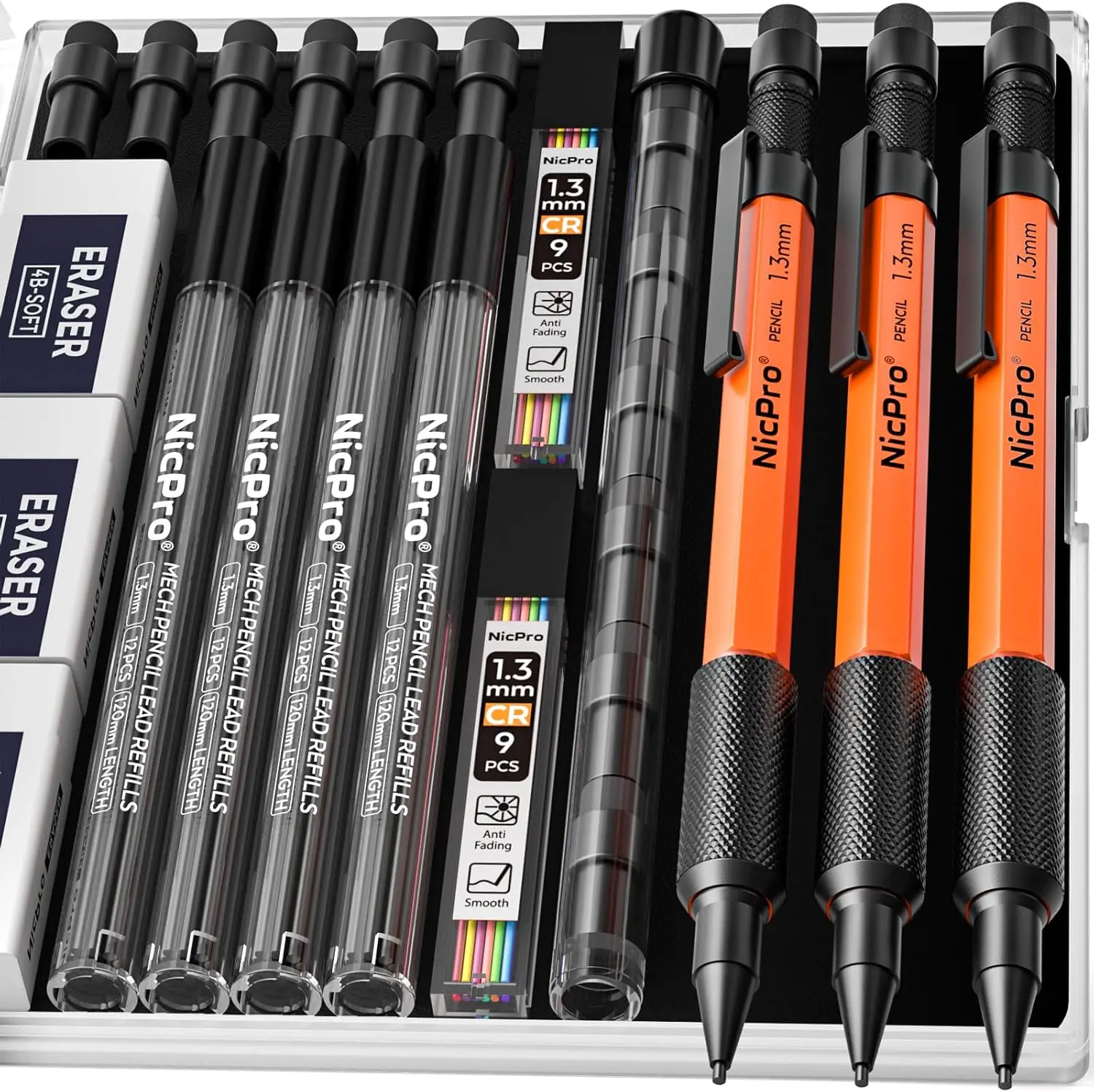 

3 PCS 1.3 mm Orange Mechanical Pencils Set with 66 Lead Refills, Heavy Duty Metal Barrel for Outdoor Drafting & Woodworking