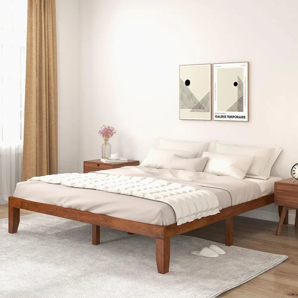 

14 Solid Rubberwood King Bed Frame with Slat Support, Easy Assembly, No Box Spring Needed (Walnut)