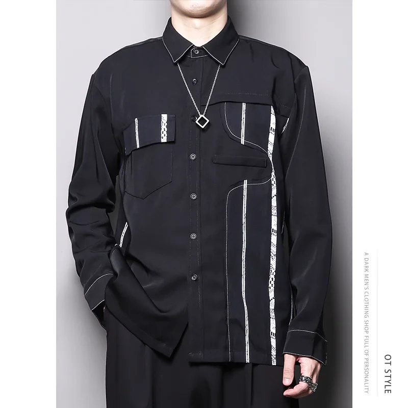 2023 Fashion Autumn Winter Irregular Stripe Spliced Car Thread Design Sense Long Sleeve Shirt Men's Hairdresser Fashion Shirt