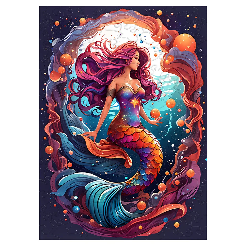 Mermaid wooden puzzle with special shapes, adult stress relieving circular magic, unique irregular animal wooden puzzle