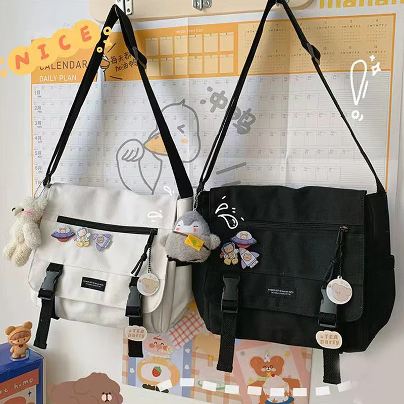 

Цельная студенческая сумка-мессенджер — темный холст с Harajuku и корейскими элементами