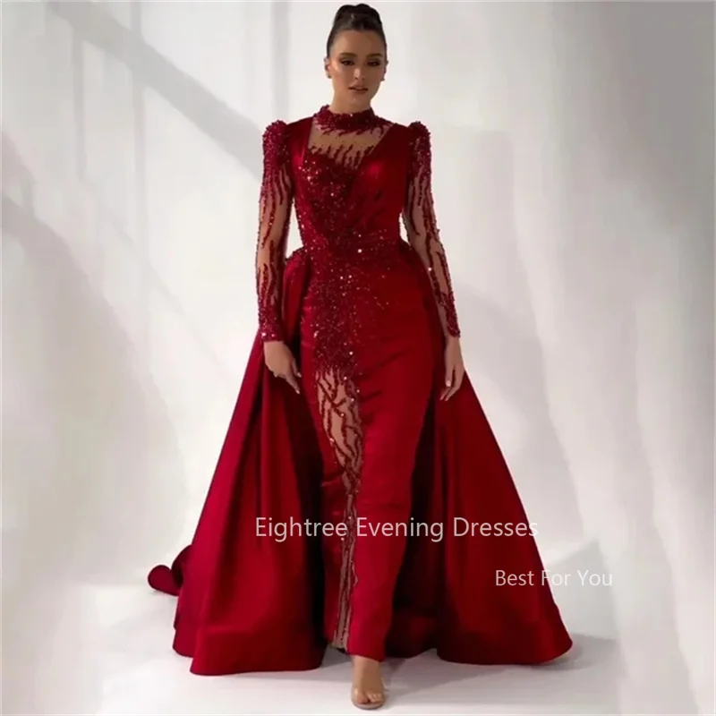 EIGHTREE-Robe de Soirée de Forme Sirène en Satin Rouge Foncé, Tenue Luxueuse à Paillettes, Dentelle Perlée, à Manches sulf, Style Dubaï, Quelle que soit la Personnalité