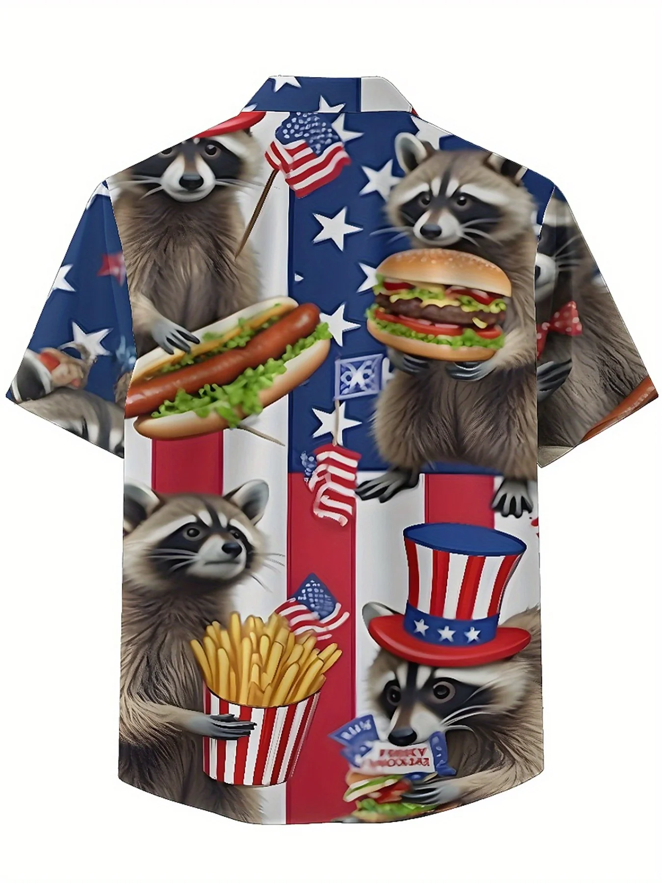 Camisas havaianas plus size masculinas com tema de bandeira americana padrão de festa de guaxinim, camisas com botões, roupas casuais unissex, tops de verão