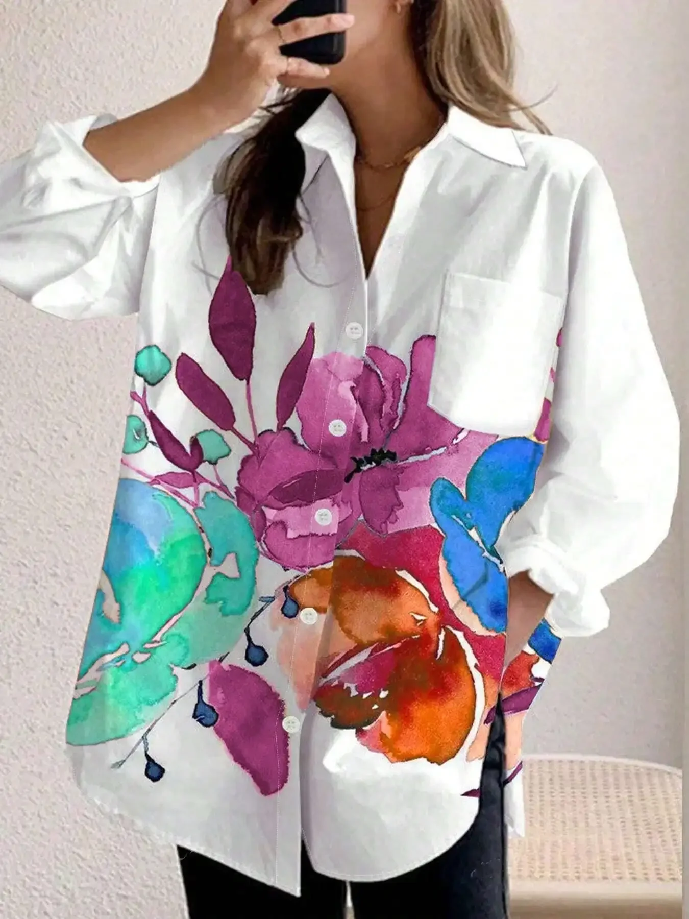 حجم كبير أزياء المرأة ربيع الخريف الأزهار طباعة جيب بأكمام طويلة قميص غير رسمي طية صدر السترة واحدة الصدر بلوزة فضفاضة قميص #6