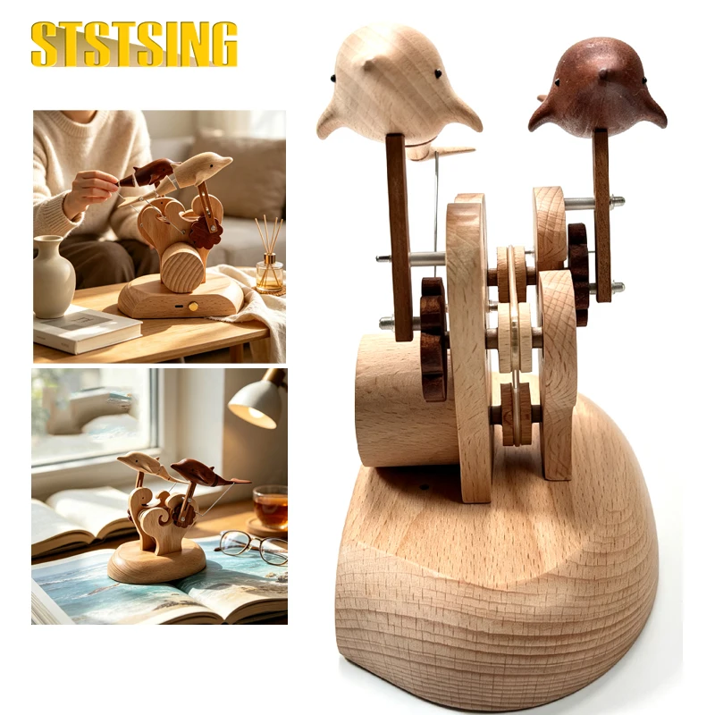 1PCS Wooden Dolphin Automaton Kinetic Sculpture,Mechanical Swimming Motion, Handcrafted Marine Art, Desk Decor,USB Rechargeable