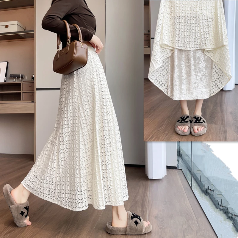 

Thiened Velvet Lace Patchwork High Waist Slimming A-Line Casual f Skirt Women's Underdr Ci Commute