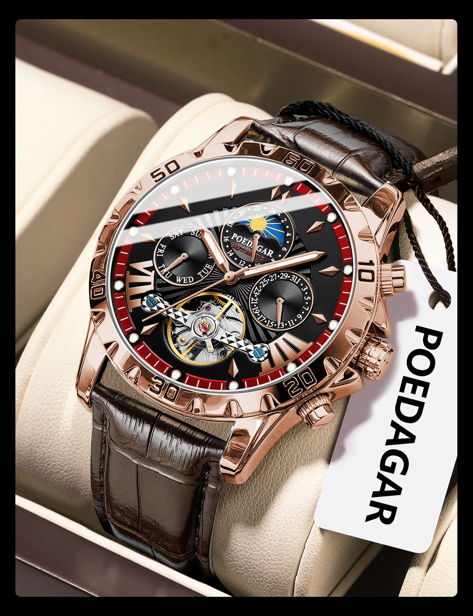 POEDAGAR Luxury Automatic Mechanical Men Watch Hollow Tourbillon Waterproof Luminous Male Clock Week Date Business Men's Watches
