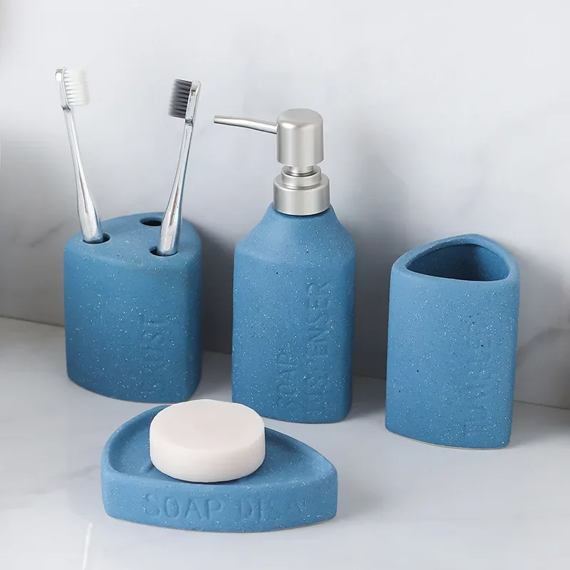 High-grade light luxury high-value washing kit, blue simple bathroom, lotion bottle soap dish ceramic bathroom four-piece set