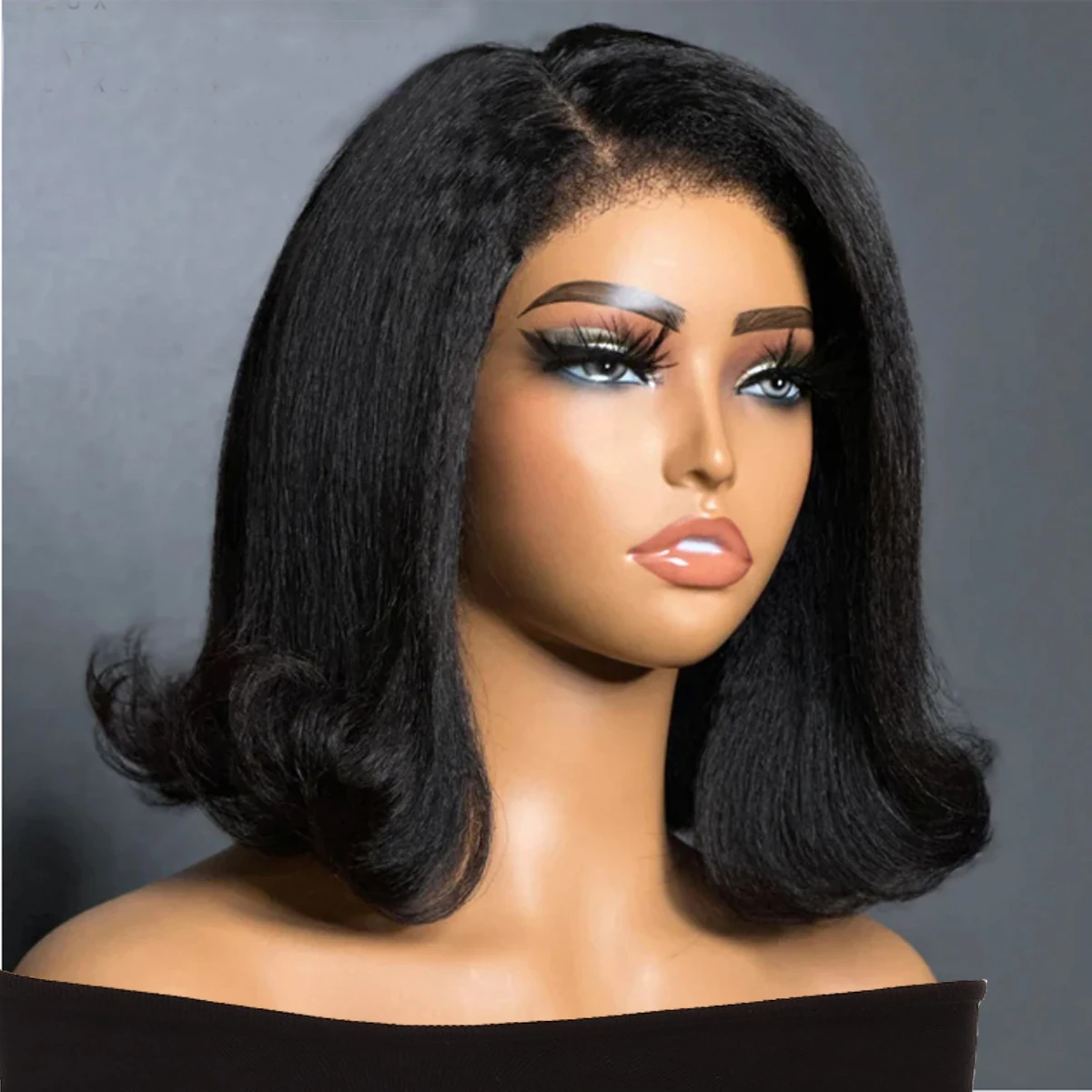 Short Bob Preplucked Soft 14 Inch Natural Black Yaki Kinky Straight Wave Lace Front Wig For Women With Baby Hair Glueless Daily