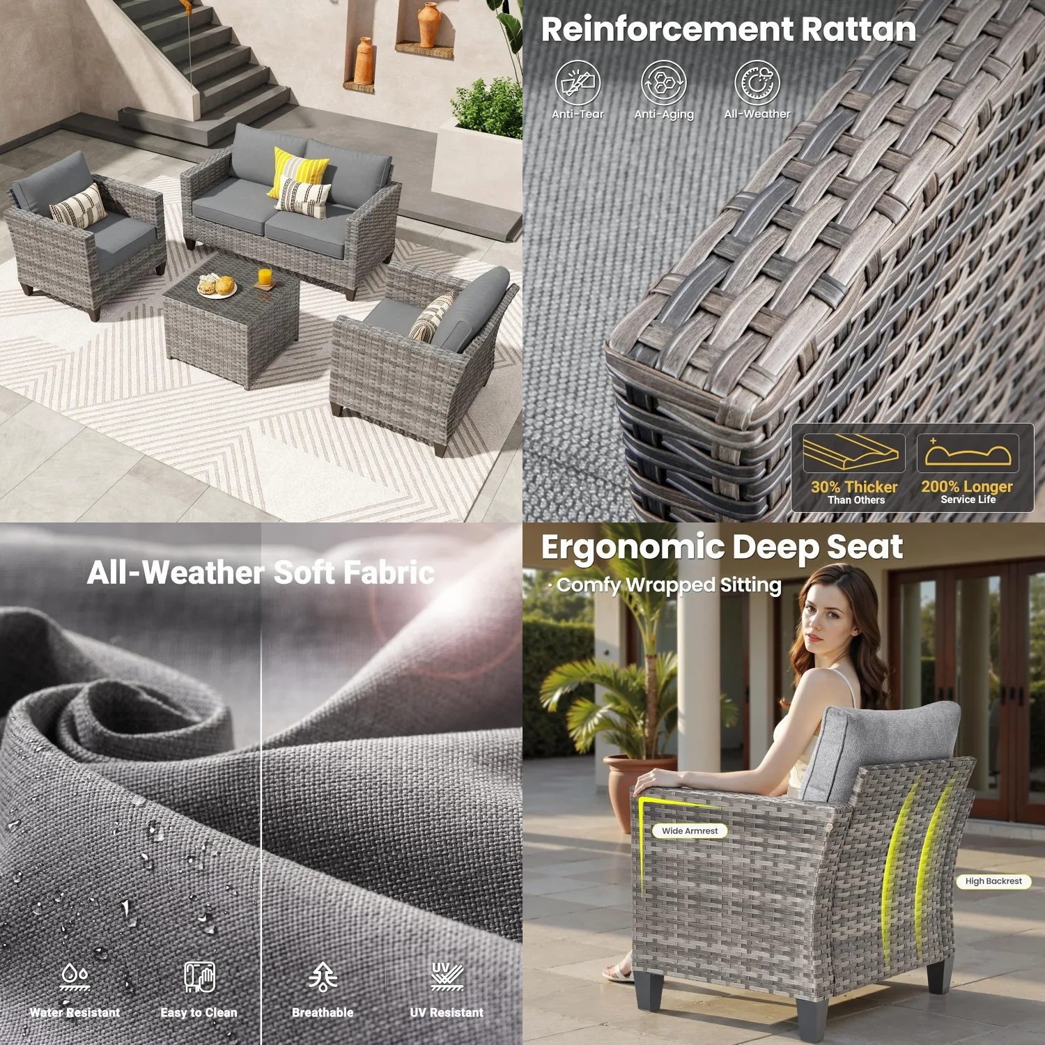 

4pcs Patio Furniture Set Wicker Rattan Sofa Loveseat Chairs Glass Coffee Table Yard Porch Garden, Customized
