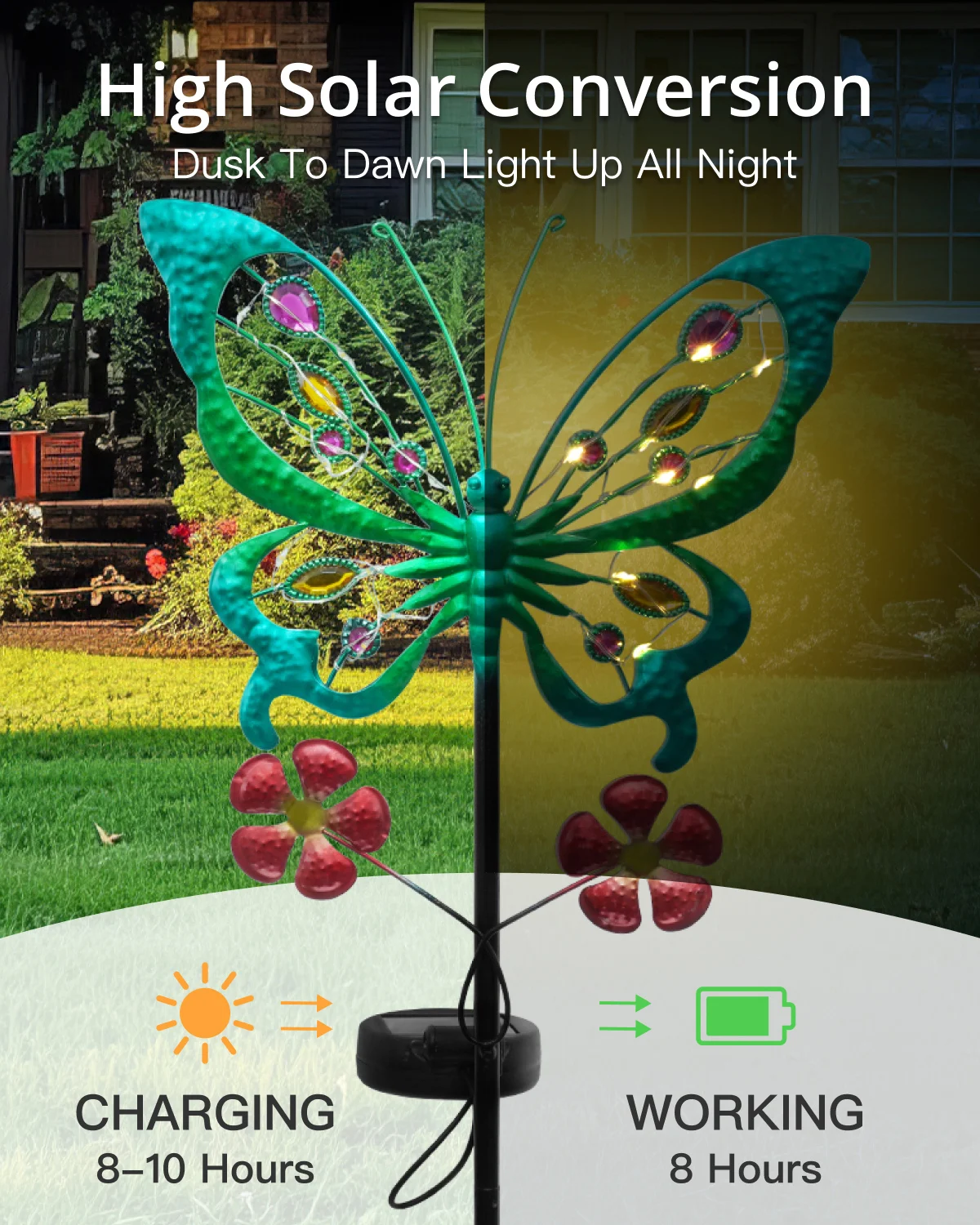 1PC Vibrant Metal Solar Butterfly Decorative Light - Colorful LED Waterproof Stake Light with Automatic Charging for Garden, Pat