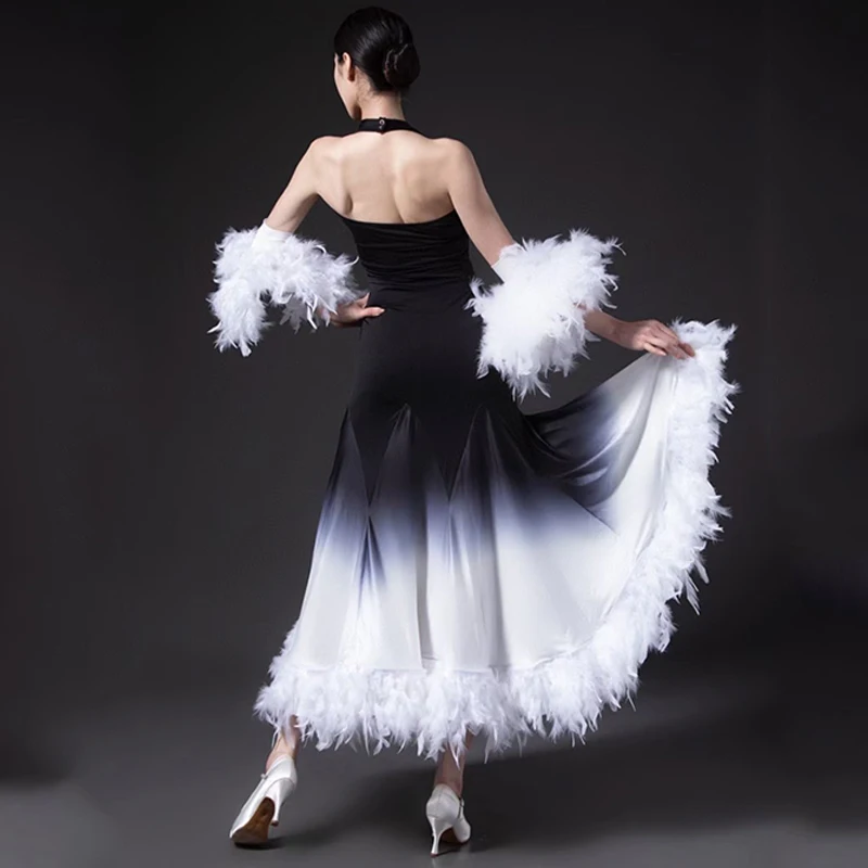 2024 White Feather Ballroom Dance Dress Women Performance Clothing Waltz Dance Costume Bubble Sleeves Tops Ballroom Skirt BL9768
