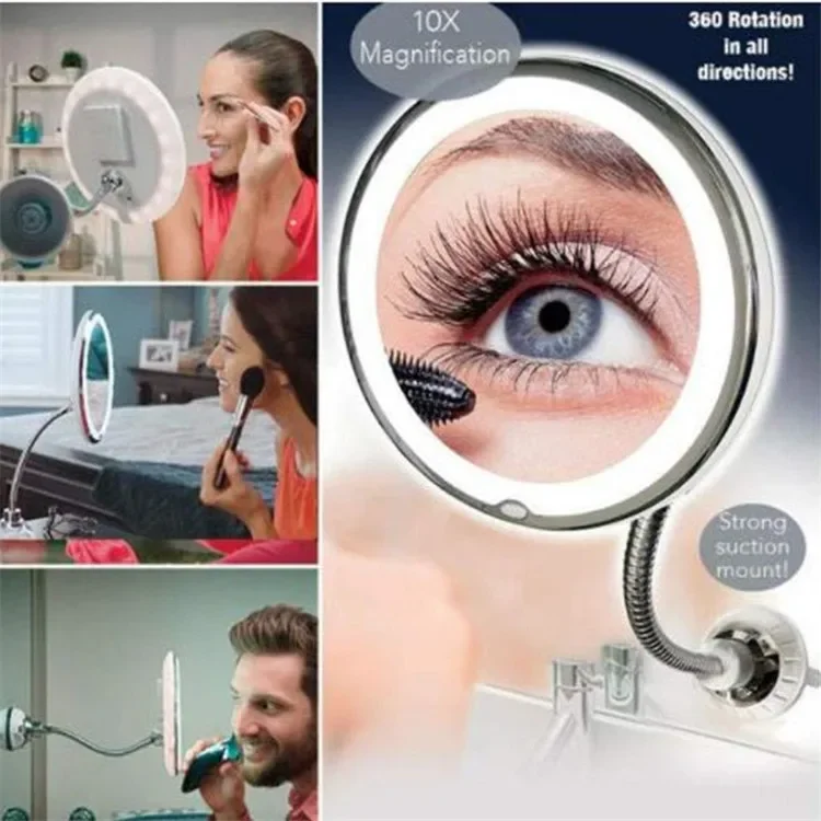 Magnifying Bathroom LED Lighted Makeup Mirror Gooseneck 6.8" 10x Magnification Vanity Mirror with Suction Cup