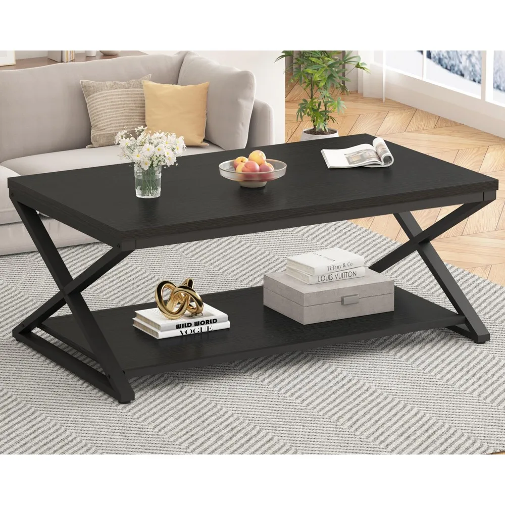 Modern 47 Inch Rectangle Coffee Table with Storage Shelf and Minimalist Industrial Design