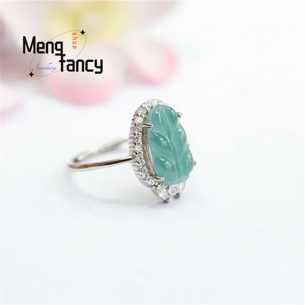 S925 Silver Lnlaid Natural Jadeite Exquisite Elegant Simple High-grade Ring Blue Water Leaf Ring Couple Luxury Quality Jewelry