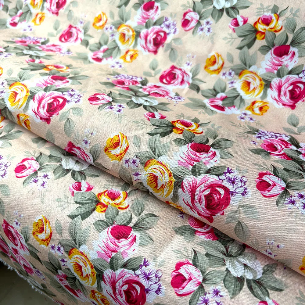 Polyester Rose Flower Printed Pattern Fabric For Sewing Dress Skirts Doll Clothes DIY Crafts Tablecloth Kitchen Apron Materials