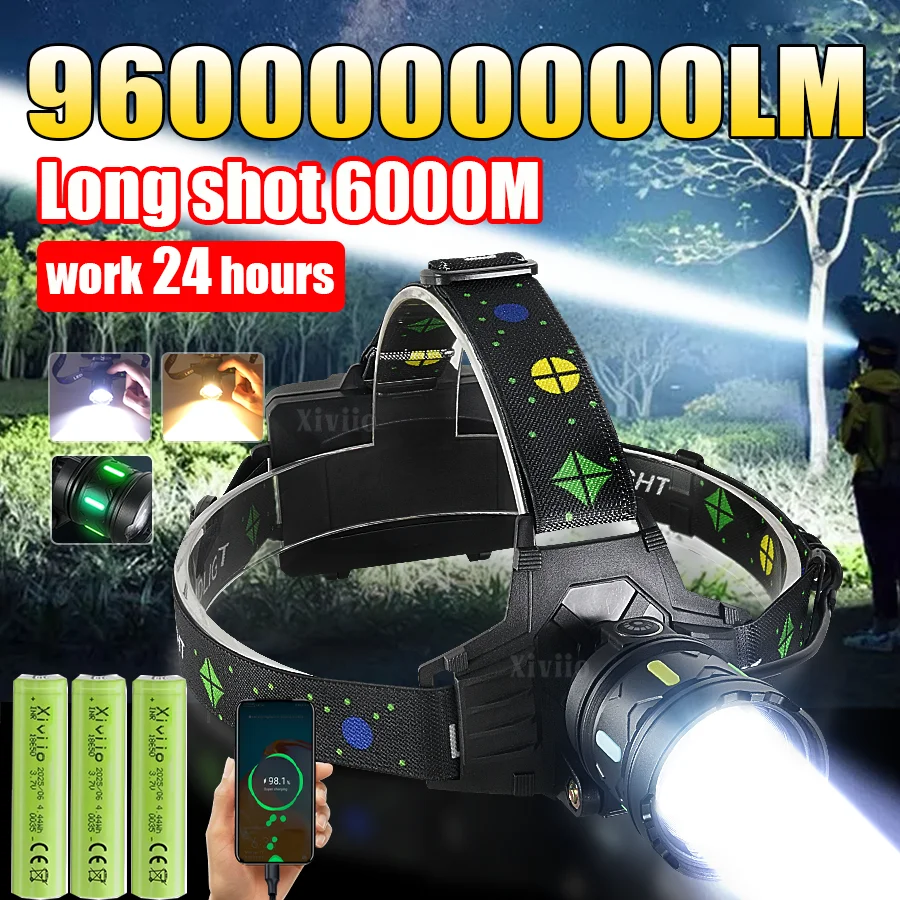 

9600000000LM Самый мощный налобный фонарь, белый/желтый фонарь, освещение, 6 км, перезаряжаемые светодиодные фары, фонарик для кемпинга, рыбалки