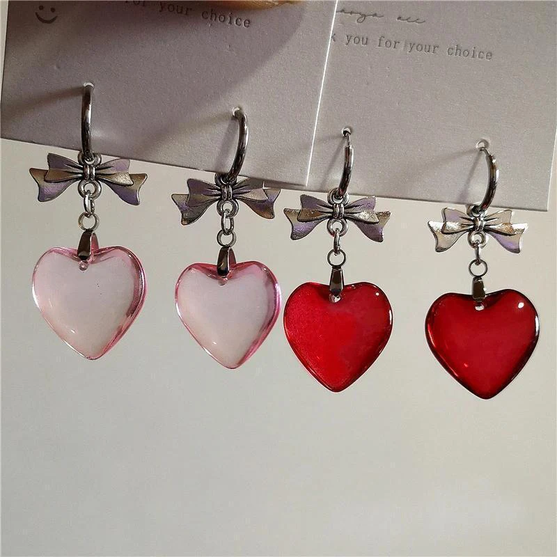 Sweet Cool Harajuku Red Glass Love Heart Dangle Earrings For Women Hot Girls Y2k Punk Bowknot Earings