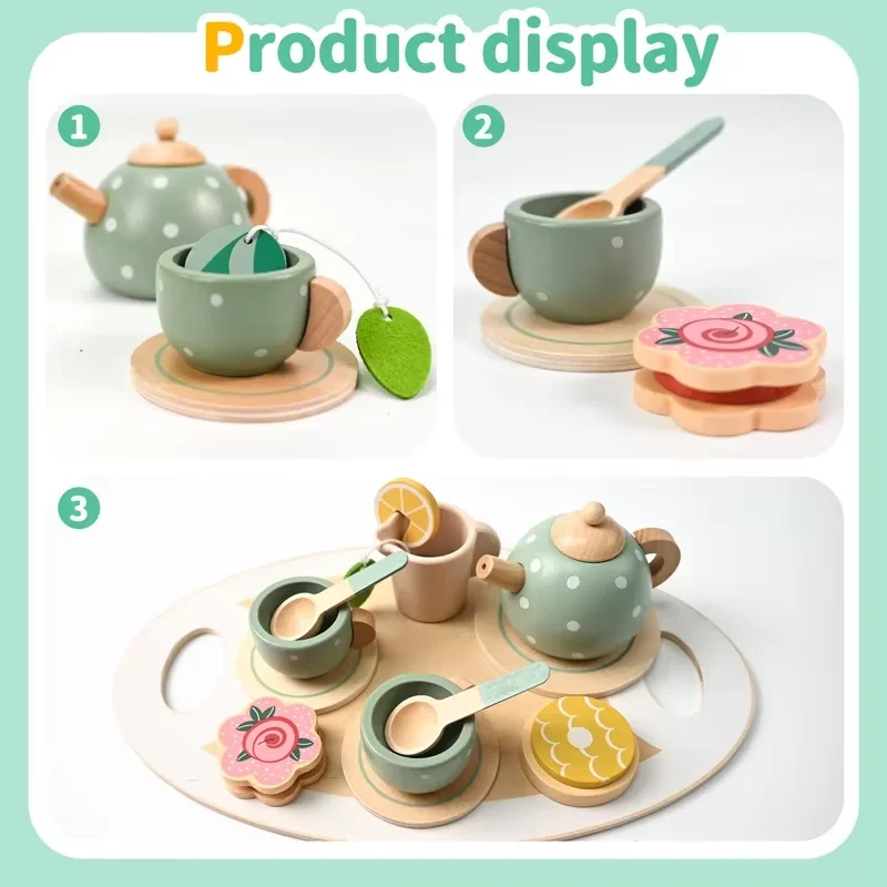 Wooden Afternoon Tea Set Toy Kitchen Accessories Tea Party Food Role Play Early Educational Toys for Toddlers Girls Boy Kid Gift
