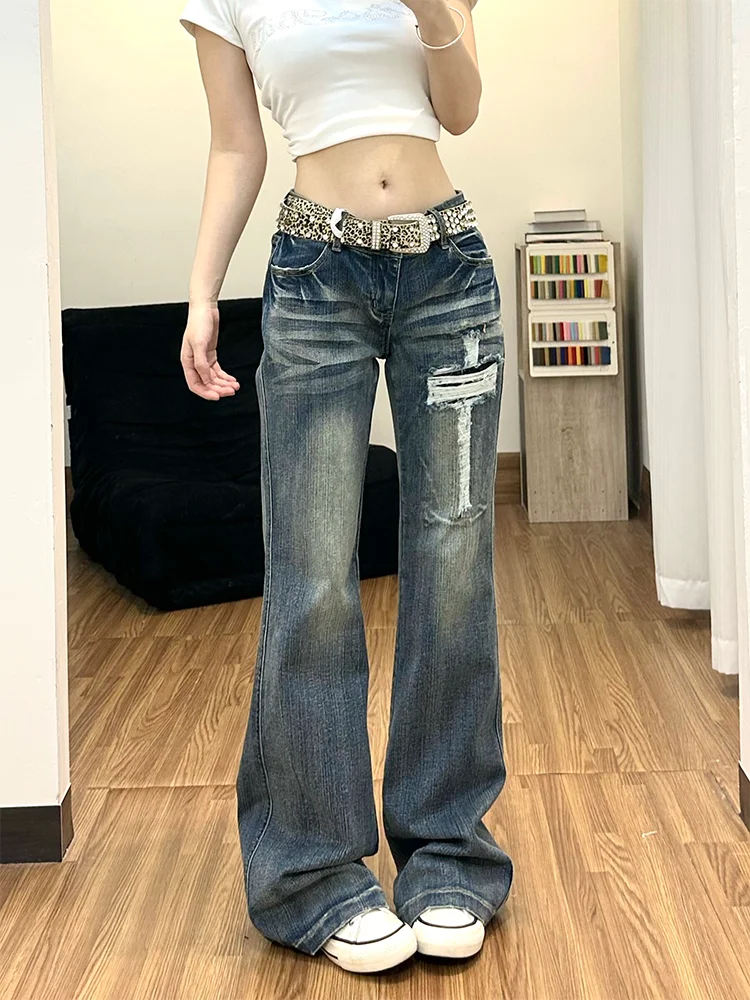 

Low Waist Bell Bottom Jeans Women's Heavy Duty Straight Leg Floor Length Frayed Design Classic American Style Jeans