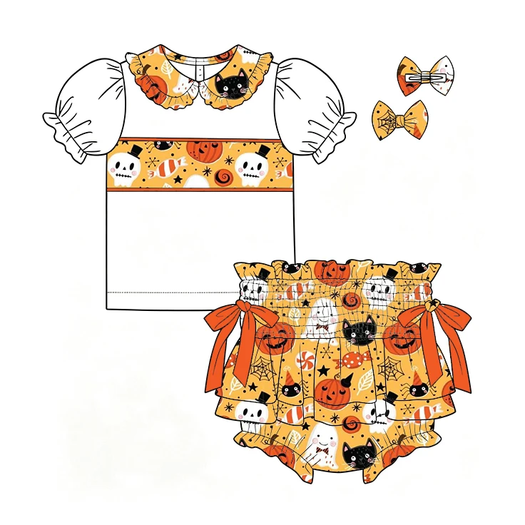 Halloween Boutique Kids Sets Lapel Ruffle Puff Sleeves Top and Smock Elastic-waist Shorts Bow Decoration Pumpkin Kitten Print
