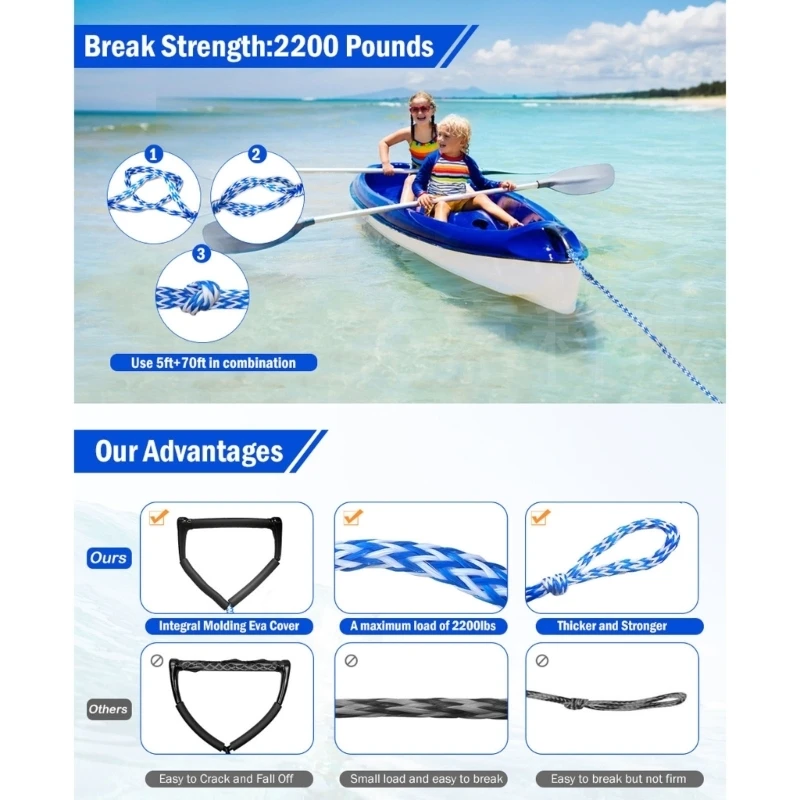 Q39E 75FT Wakeboard Surf Rope Surfing Rope Water Sports Tows Rope With Single Handle For Water Sports And Boating Activity