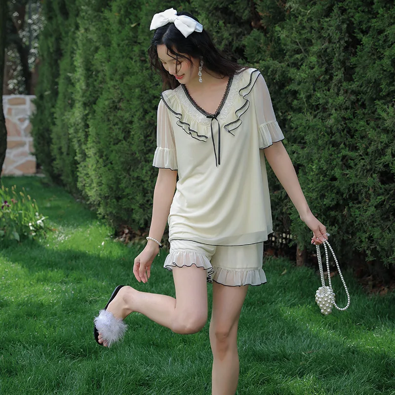 

Sweet Modal Gauze Shorts Pajamas Sets For Lady Loose Vintage Girls Lace Sleepwear