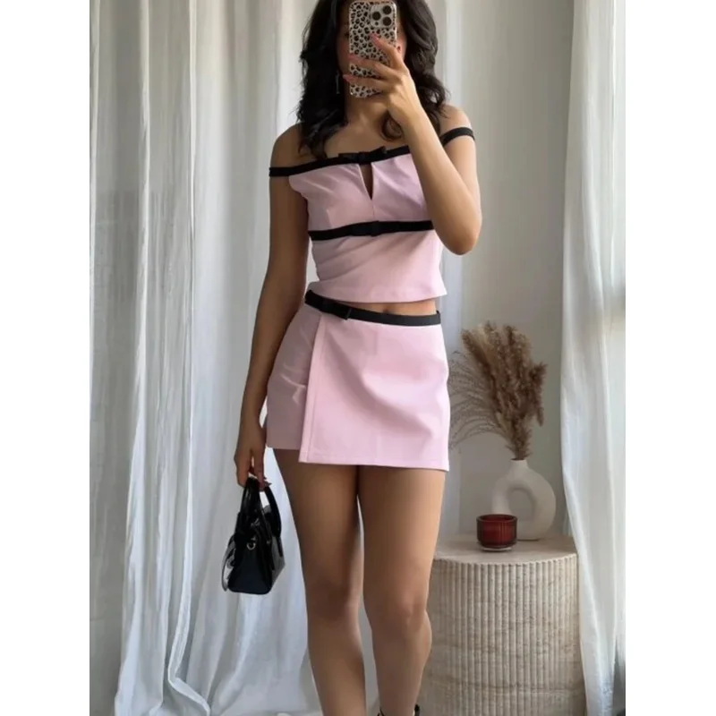 

Женский комплект розовых брюк-кюлотов, летняя модная юбка трапециевидной формы с высокой талией и боковой молнией, без рукавов, с разрезом, верхний декор с бантом