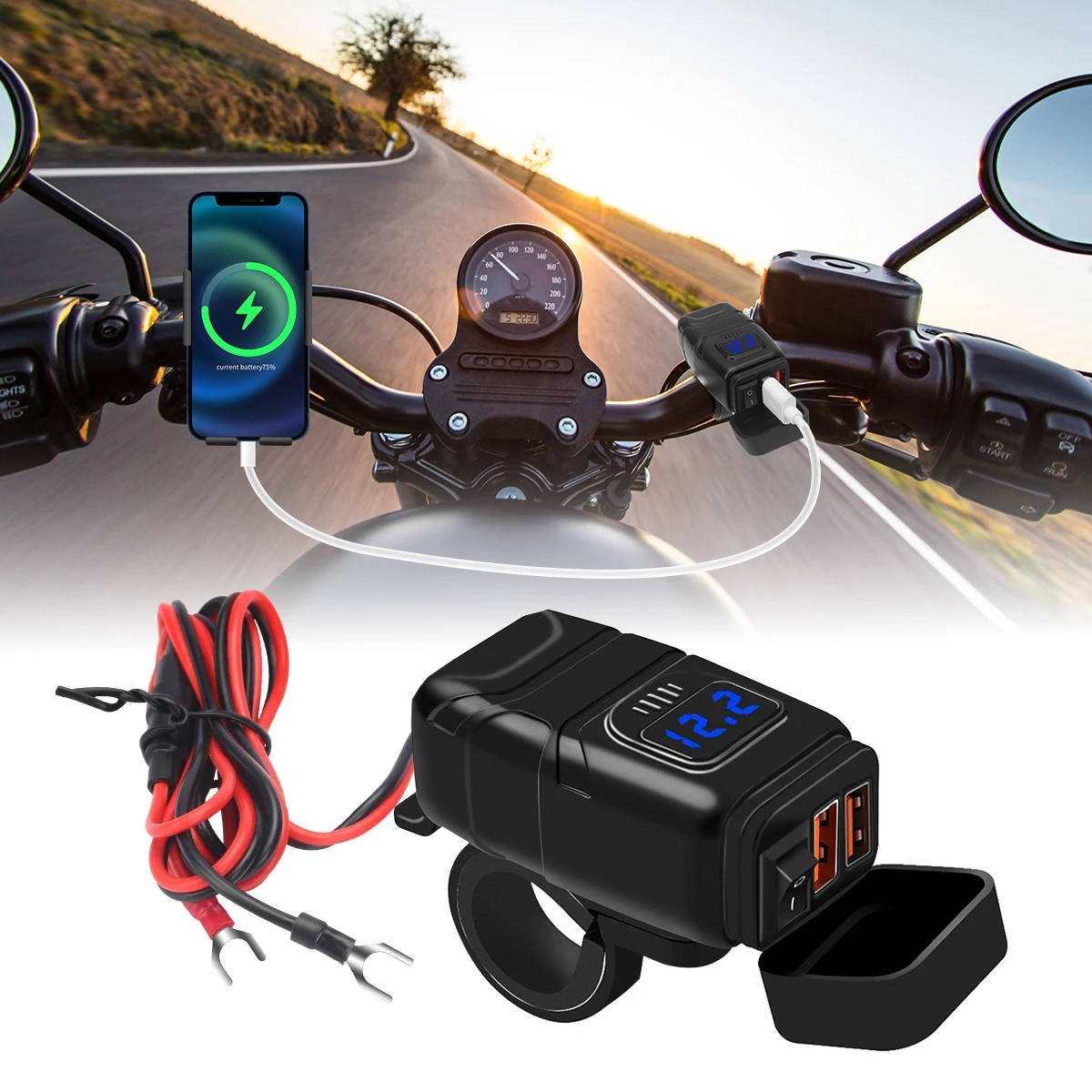 

Motorcycle QC3.0 USB Fast Charger Handlebar Dual USB Socket With Switch Voltage Meter For Mobile Phone Outdoor Cycling Accessory