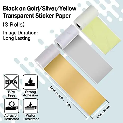 3 rolos phoemo etiqueta térmica amarelo/prata/ouro auto-adesivo papel para phoemo m02/m02 pro/m02s protable impressora 50mm x 3.5m