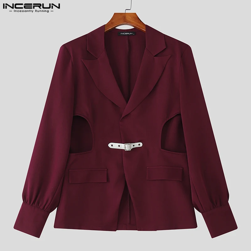 INCERUN ผู้ชายเบลเซอร์สีทึบกลวงออกแขนยาวลำลองชายสูทสตรีทแวร์ฤดูใบไม้ร่วง 2025 แฟชั่นบางเสื้อผู้ชาย S-5XL