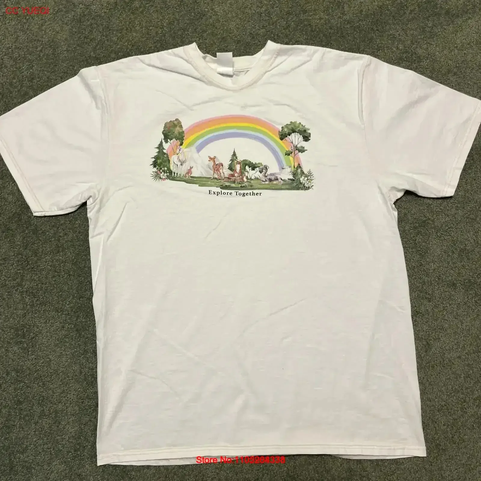 Men's Large Vintage Style Rainbow Explore Together White T Shirt Retro Washed fashion streetwear Breathable  vintage Washed