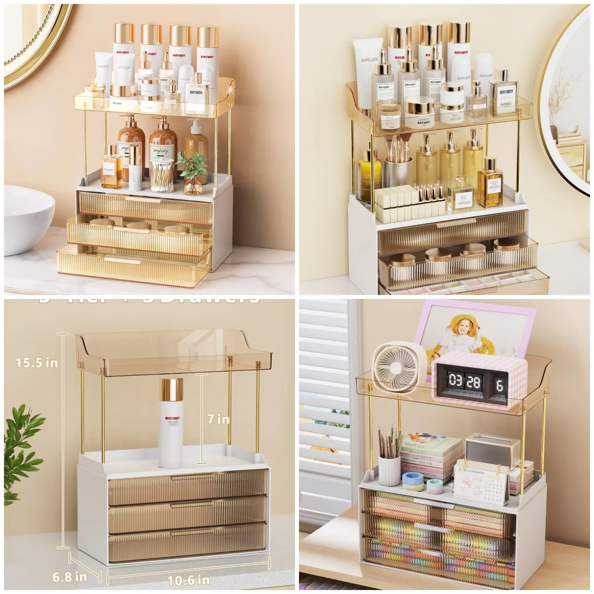 

Bathroom Organizers, Makeup Storage, Vanity & Counter Organizer, Perfume & Skincare Holder, Gold Cosmetic Cabinet Organizer