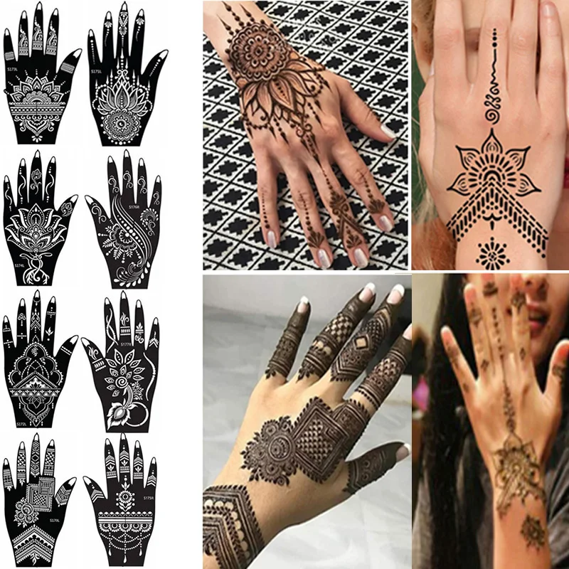 16 Sheets Henna Tattoo Sticker For Hands Tattoo Temporary Waterproof Templates Tattoo Stencil For Wedding Makeup Party Supplies