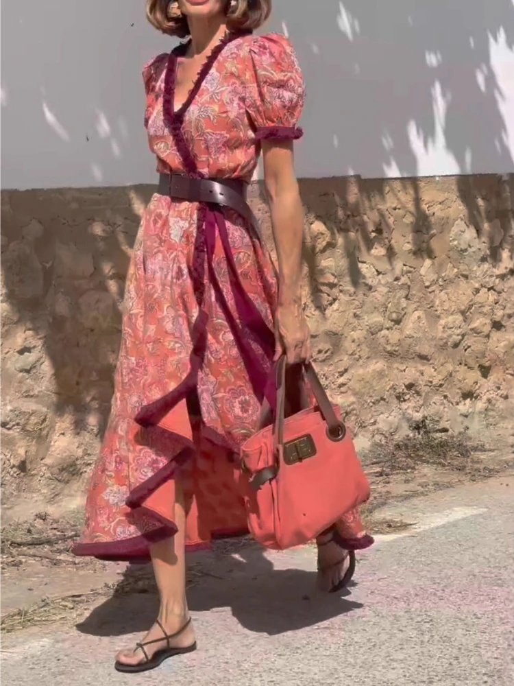 Spring Summer New Bohemian Pattern Print Long Dress Casual V Neck Irregular Fit Dress Elegant Puff Sleeve Vacation Dress