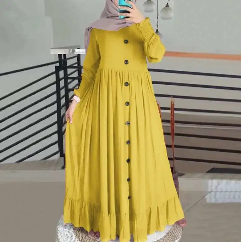 2025 printemps et automne nouveau musulman coton et chanvre artistique décontracté ample grand col rond robe à volants dubaï luxe Islam élégant