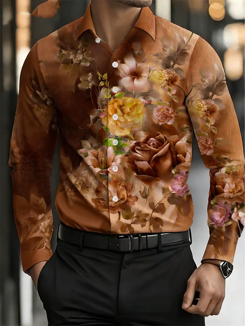 

New Colorful Ring Art Printed Men's Long Sleeve Shirt Retro Contrasting Color Personalized Trendy Casual Shirt