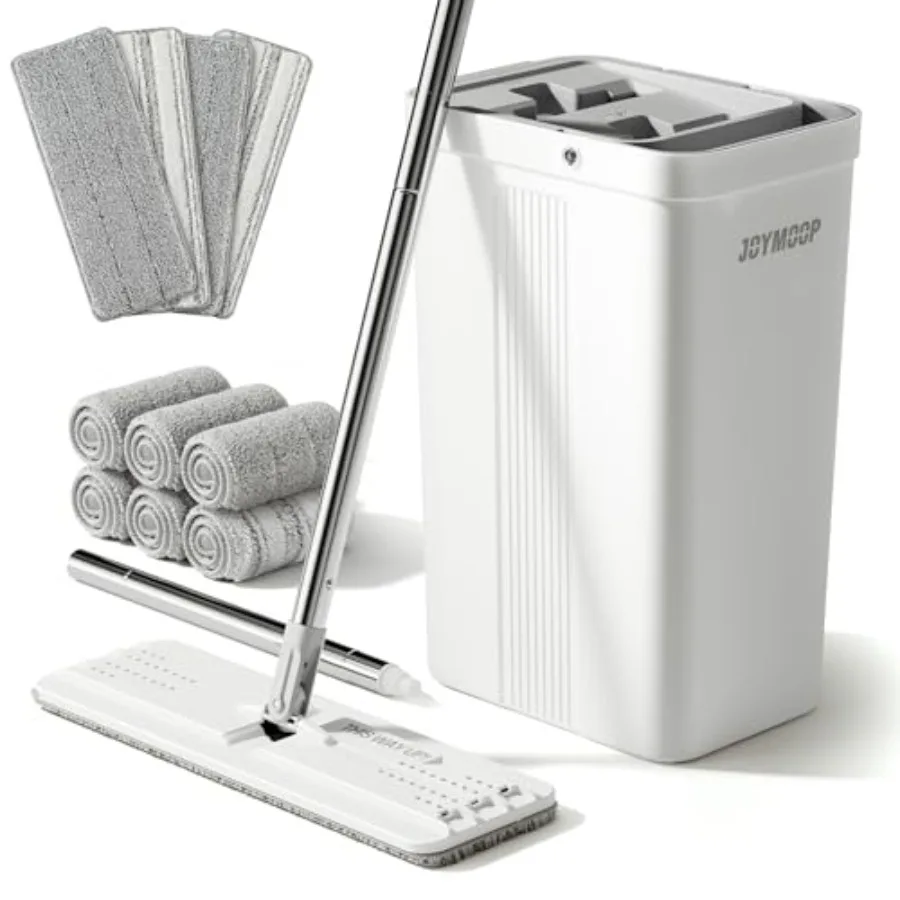 

Mop and Bucket with Wringer Set with 61" Mop Handle with Flexible 13" Flat Head with 10 pcs Microfiber Mop Pads - White