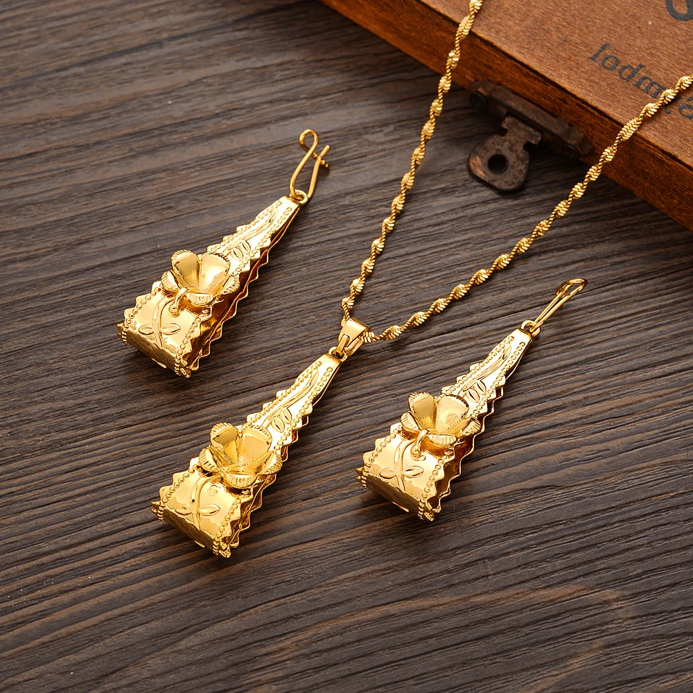 Trinidad Gold Color Hisbicus Necklace Earring Women Party Gift Charms Girls Kid Jewelry Sets