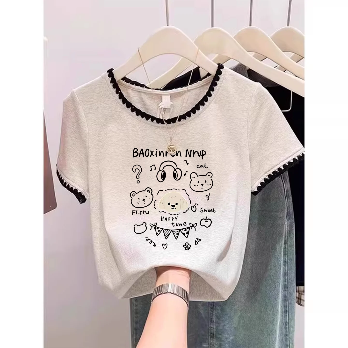 Summer 2026 Women's Slim Fit Short Sleeve T-Shirt Pure Cotton Retro American Color Block Light Beige Commute Style Creative P...